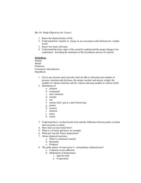 Bio Exam Practise Bio 101 Study Objectives For Exam 1 Know The