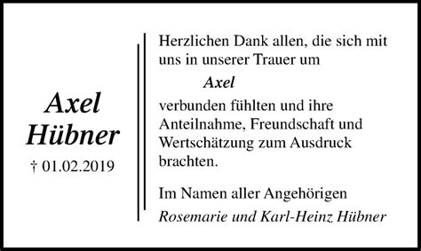 Traueranzeigen von Axel Hübner trauer anzeigen de