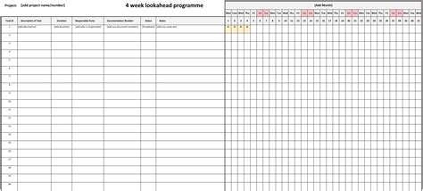 4 Week Look Ahead Schedule Template Excel