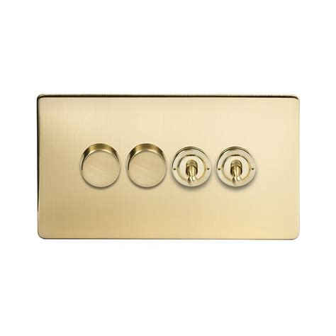 Brushed Brass 4 Gang Switch With 2 Dimmers 4 Gang Dimmer Toggle Combo Elesi