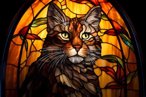 Stained Glass Window Depicting A Tabby House Cat Stock Illustration Illustration Of