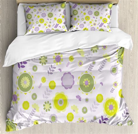 Floral Queen Size Duvet Cover Set Funky Flowers Pattern Nature Essence