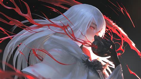 White Haired Anime Girl With Red Eyes