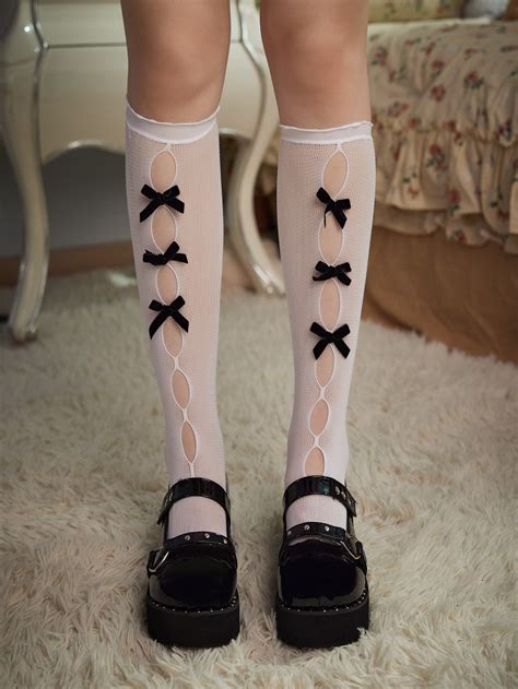 Retro Bow Decor Cut Out Over The Calf Socks Over The Calf Socks Calf Socks Pretty Shoes Sneakers