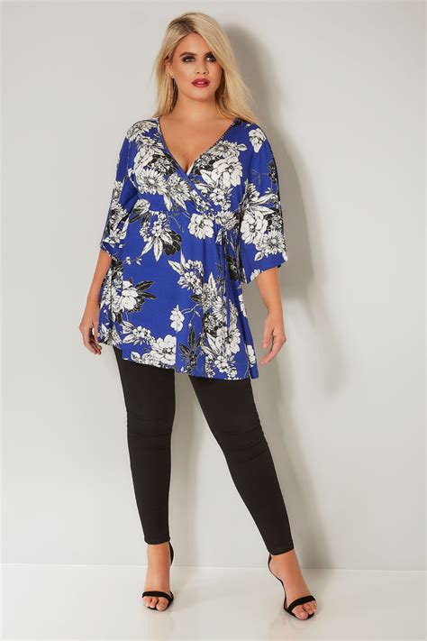 Cobalt Blue Floral Jersey Wrap Top Plus Size 16 To 36