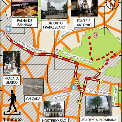 Mapa de localização do roteiro no Centro Histórico de João Pessoa e os