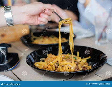 Spaghetti Meat Sauce Hand Using Fork Eating Spaghetti Royalty Free