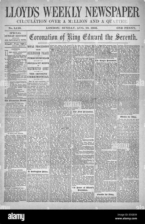 1902 Lloyds Weekly Newspaper Front Page Reporting Coronation Of King