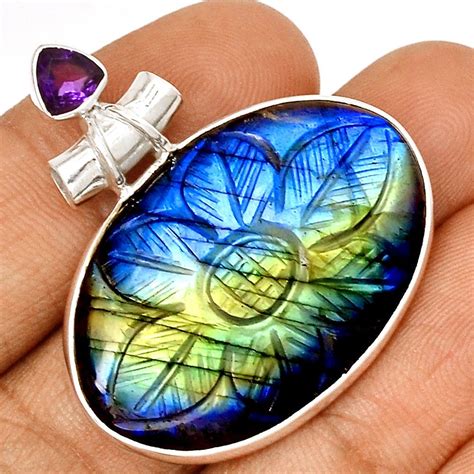 Pendentif Protection Labradorite Et Am Thyste Monture Argent Ref