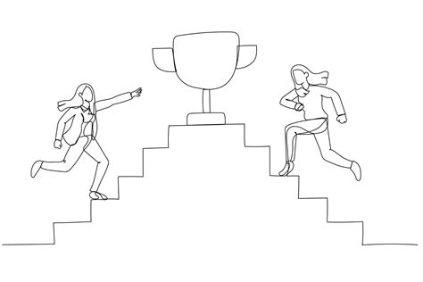 Drawing Of Businesswoman Walk Up Stair Compete To Win Trophy Over