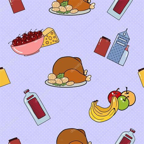 Pop Art Vintage Food Seamless Pattern with Turkey Fruits Cheese and ...