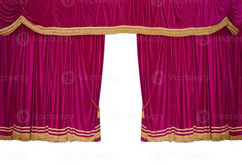 The red curtains are opening for the theater show. Isolated on white ...