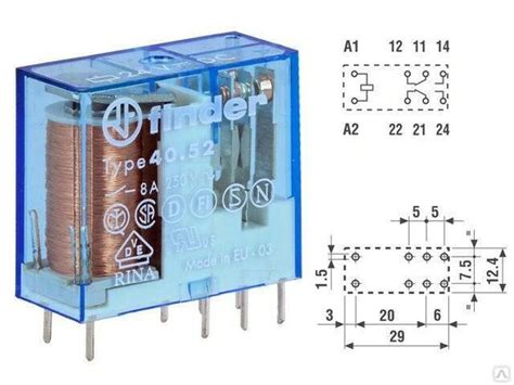 Реле FINDER 2 перекидных контакта 8А питание 24В DC 40 52 9 024 0000