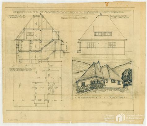 Alapozás alaprajz C D metszet északi homlokzat perspektíva Kós