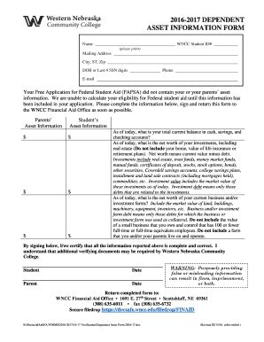 Fillable Online 2016 2017 DEPENDENT ASSET INFORMATION FORM Fax Email