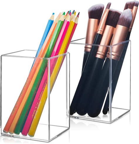 Qeirudu 2 Pack Acrylic Pen Holder Clear Makeup Brush Holder Desk Acrylic Pencil Cup