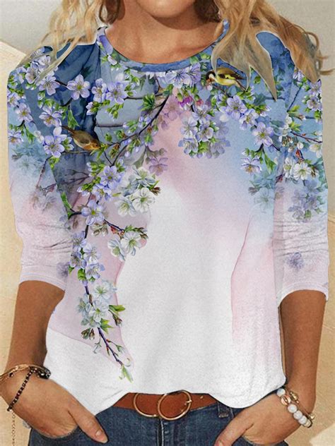 Women S Bird Art Print Casual Crew Neck Shirt Zolucky