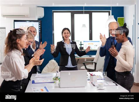 Motivated Happy Diverse Business Team People Clapping Celebrating