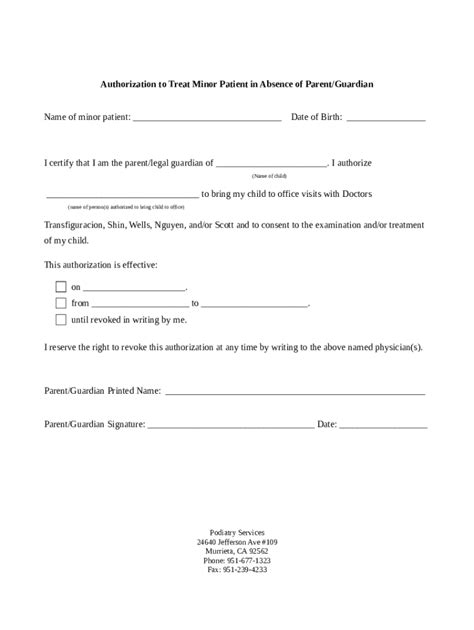 Fillable Online Authorization To Treat Minor Patient In Absence Of