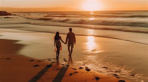 Um Casal Caminhando Na Praia De M Os Dadas Foto Premium