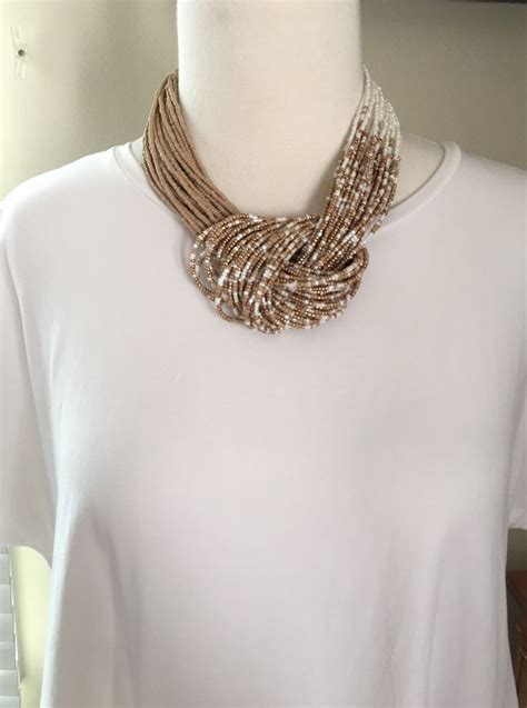 Sale Bib Necklace Seed Beads Necklace Multi Strand Mocha White Necklace Layered Necklace