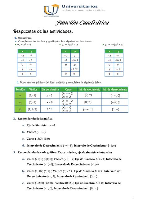 Calaméo Respuestas Actividades Función Cuadrática