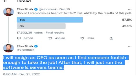 ‘will Resign As Twitter Ceo As Soon As I Elon Musk Announces His