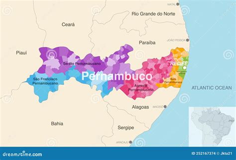 Mapa Administrativo De Pernambuco Do Estado Do Brasil Mostrando Municípios Coloridos Por