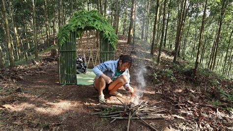 The Girl Builds Complete And Warm Survival Shelter By The Big Tree