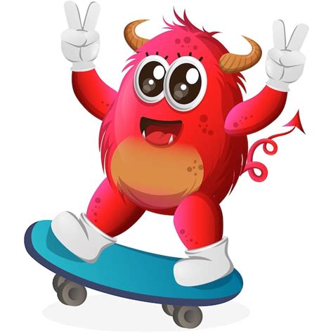 Premium Vector Vector Cute Red Monster Playing Skateboard Skateboarding