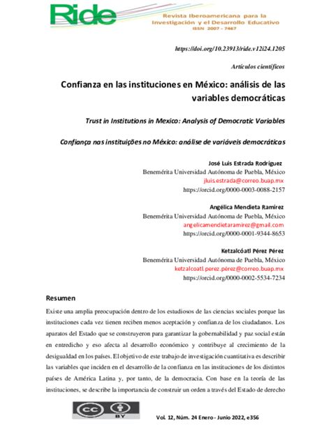 Pdf Confianza En Las Instituciones En México Análisis De Las Variables Democráticas