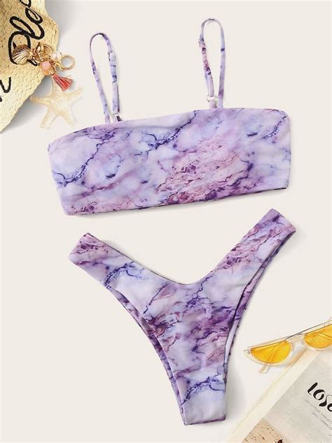 Marble Print Top With High Leg Bikini Set High Leg Bikini Bikini Set