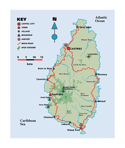 Elevation Map Of Saint Lucia With Roads Cities And Airports Saint