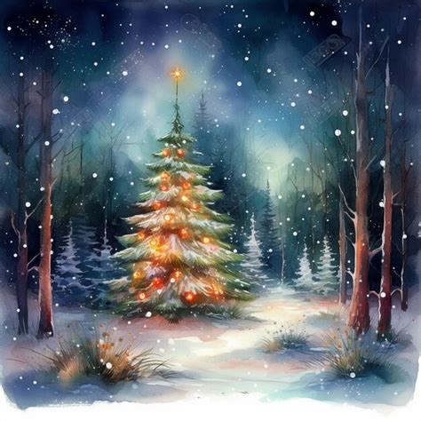 Premium Photo Painting Of A Christmas Tree In A Snowy Forest With A