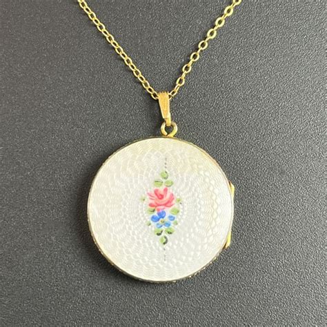 1930s Evans Floral Guilloche Locket Necklace Gem