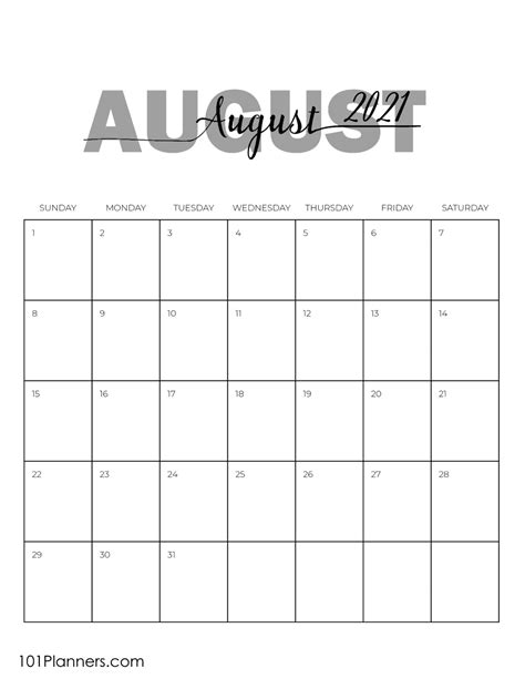 Free Printable August 2021 Calendar