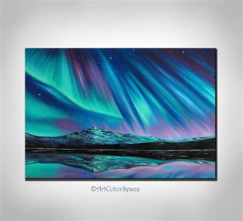 Northern Lights Iceland Aurora Borealis Over Glacier Oil Painting On