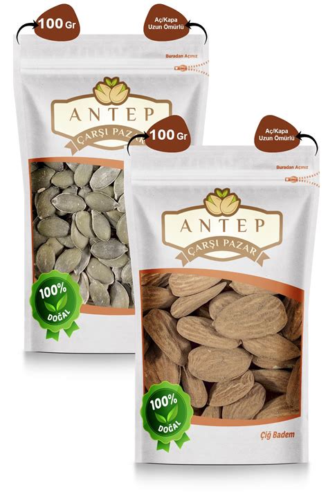 Antep Çarşı Pazar Çiğ İç Kabak Çekirdeği 100 Gr Yerli Çiğ Badem 100