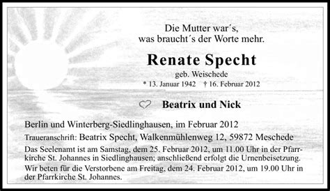 Traueranzeigen Von Renate Specht Trauer In NRW De