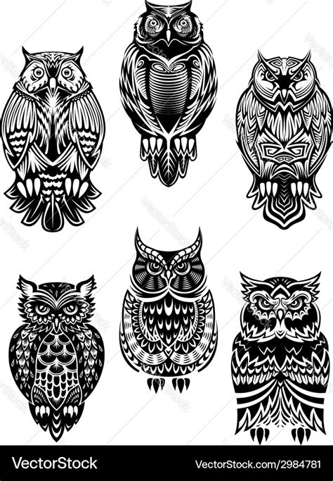 Tribal owl birds set Royalty Free Vector Image