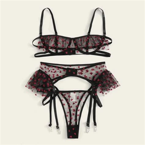 Billionm Woman Sexy Pajamas Heart Print Garter Sheer Lingerie Set Mesh