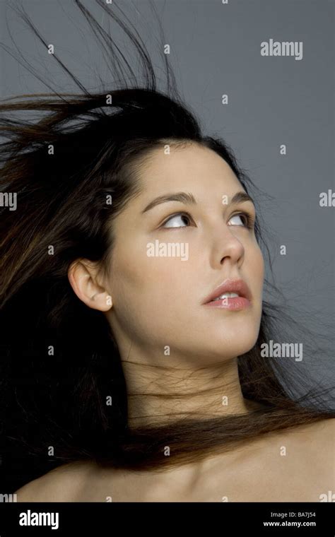 Woman Young Seriously Sidelong Glance Brunette Long Haired Wind Women