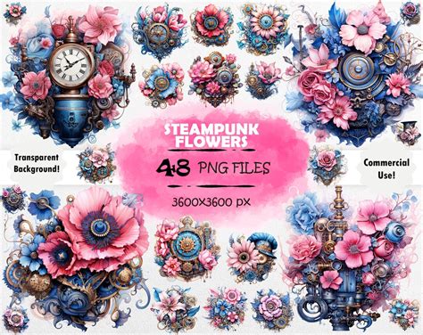 Watercolor Steampunk Flowers Clipart Bundle Mechanical Flowers PNG