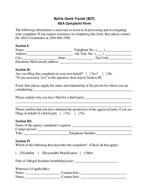 Fillable Online Battle Creek Transit Bct Ada Complaint Form Fax Email