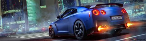 Back view of blue Nissan GTR in night city 4K wallpaper download