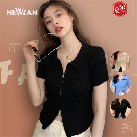 Jual Newlan WT015 Korean Cropped Zip Shirt Atasan Kemeja Resleting