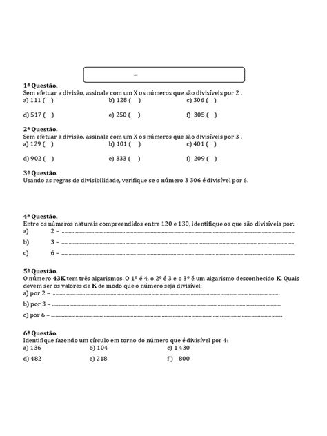 Atividades sobre Divisibilidade para 6º Ano | PDF | Divisão (Matemática ...