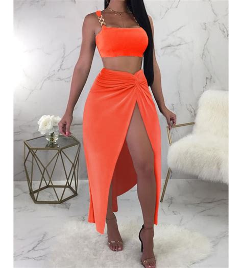 Chain Strap Crop Top And High Slit Twisted Skirt Set