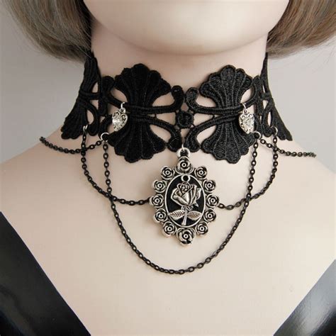 Gothic Black Lace Choker Vintage Neckband Rose Pendant Lace - Etsy