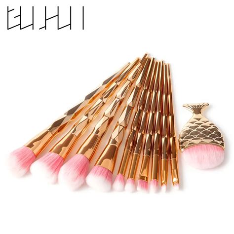 10 11pcs Diamond Rose Gold Makeup Brushes Set Mermaid Fishtail Shaped